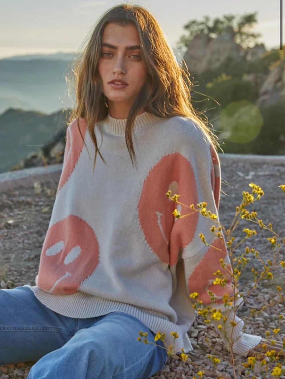 By Together Cream Crewneck Sweater with Orange Smiley Faces